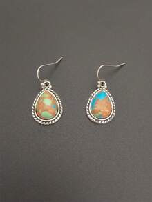 1 Pair Vintage Bohemian Style White Teardrop Faux Turquoise Inlaid Pendant Earrings, Suitable For Women's Daily, Party, Travel Jewelry Gift