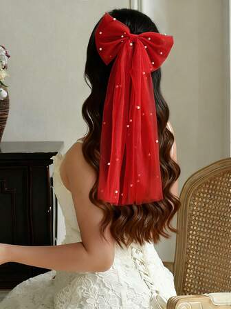 1 röd rosettdekorerad brudslöja med konstpärlor, söta håraccessoarer för kvinnor till jul