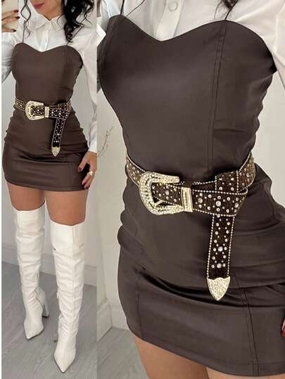 ChicMe Conjunto de 2 piezas para mujer con blusa de cuello vuelto de manga larga y minifalda de tiras de piel sintética (PU), estilo vintage retro para uso diario en la calle (sin cinturón)