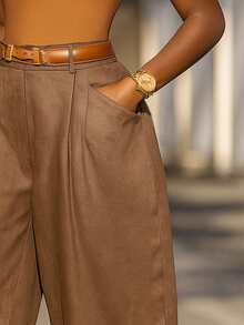 女士复古休闲纯色褶裥锥形裤，春夏款 - 棕色 - 查看 2