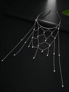 1 pieza Cadena para el cabello con borlas de malla hechas a mano y perlas falsas, diadema de perlas falsas versátil para novia, accesorio de cabello de alta gama para decoración de boda, tocado