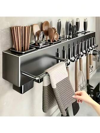 Heavy Duty Carbon Steel Wall Mounted Kitchen Organizer Rack - No Drilling Required, Suitable For Home Or Restaurant To Store Knives, Utensils And Cutting Boards. Space-Saving Design With ABS Hooks, Chopstick Holder And Towel Rack, Suitable For Home And Camping