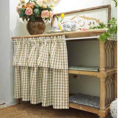 1 pieza Cortina de café de doble capa con estampado de cuadros - Estampado de cuadros en beige, diseño de doble capa, adecuado para todas las estaciones, tela de lino, cortina corta de estilo rústico, adecuada para la decoración de ventanas de la sala de estar, la cocina y el baño