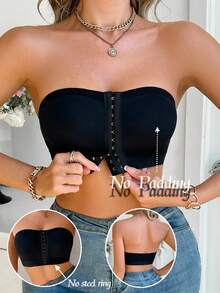 1pc Solid Color Casual Comfortable Minimalist Knitted Fabric Front Button Closure Wireless Bra, Suitable For All Seasons - Black - View 2