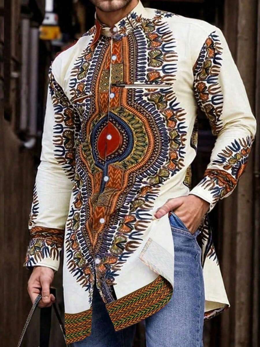 非洲男士复古印花宽松上衣，适合婚礼派对等正式场合，经典新款设计