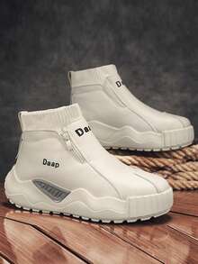 Men's Casual Sports Shoes 2025 New PU Leather Upper Waterproof Anti-Oil Men's Shoes Solid Color Letter One-Push Soft Bottom Soft Face High-Top Round Toe Side Zipper Comfortable Men's Skate Shoes Fashionable Versatile Outdoor Sports Men High-Top Leather Riding Boots - Beige - View 6