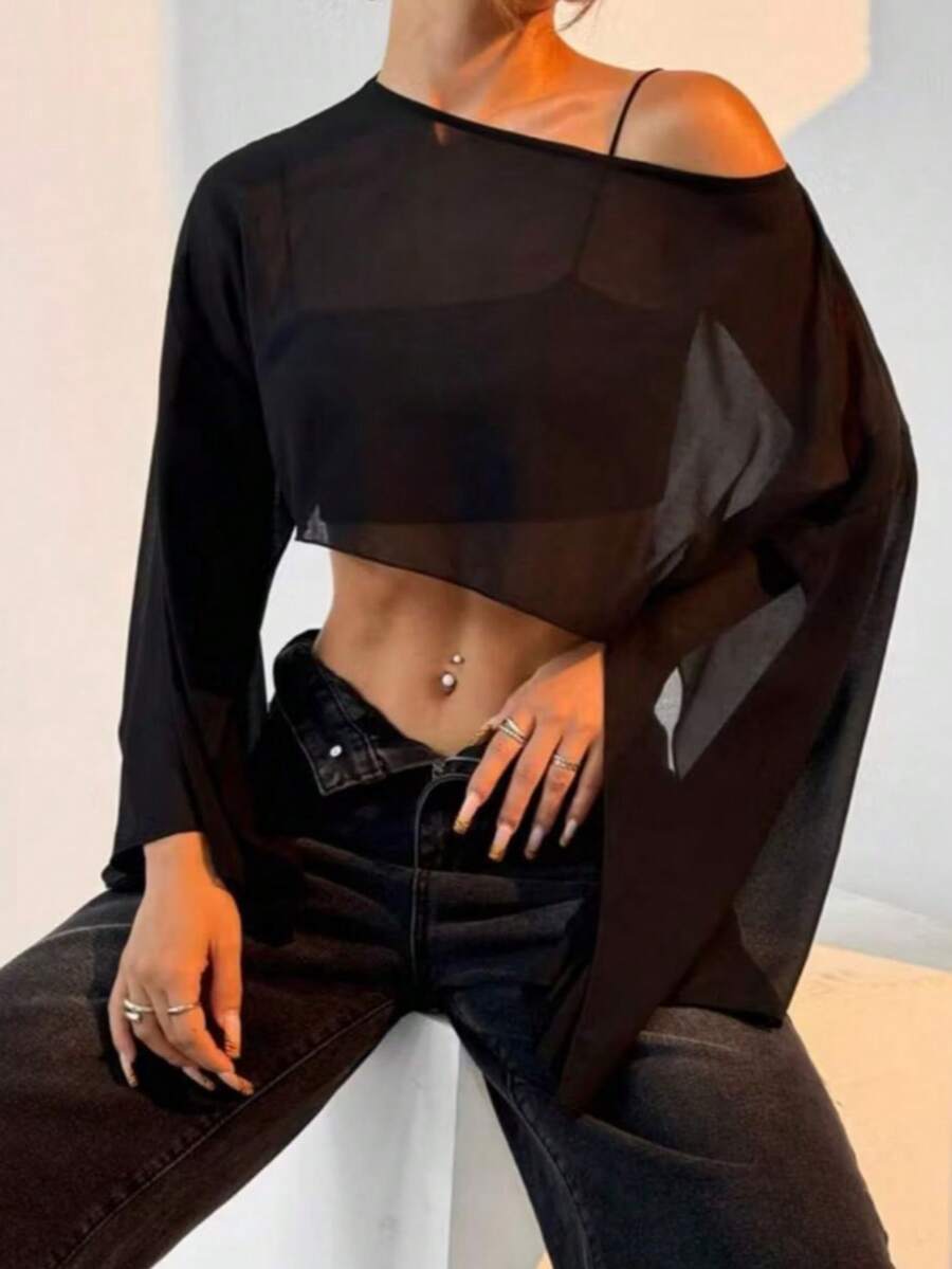 Cropped Cape In Transparent Tulle With Asymmetrical Flare Sleeves - Black - View 1