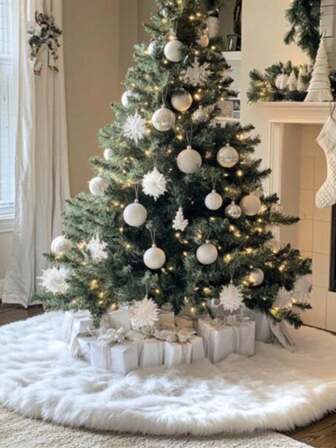 1pc Soft Faux Wool Long Plush Pure White Christmas Tree Skirt, Soft Texture Holiday Decor Christmas Tree Skirt, Festive Atmosphere Tree Skirt, Suitable For Scene Decor, Room Decor, Home Decor, Holiday Party Decor, Christmas Decoration