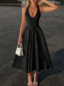 Unadoll Women's Winter Sexy Bareback Hanging Neck Collar Strap 3D Jacquard Fabric Elegant Dress, Suitable For Dinner, Date, School Start, Cocktail Party, Wedding Event, Christmas, Thanksgiving