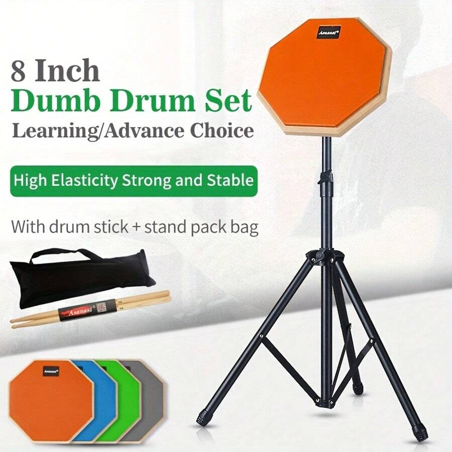 Bộ trống câm 8 inch - Bộ luyện trống kèm miếng đệm luyện tập im lặng hai mặt, chân đế có thể điều chỉnh, dùi trống 5A và túi đựng di động