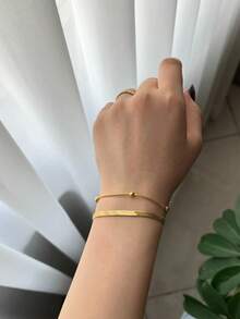 Nooxian 1 件不锈钢金色双层扁平蛇骨和圆蛇珠链女士手链（珠子数量随机） - 金黃色 - 查看 5