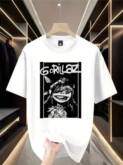 Camiseta Hombre 220g Algodón Estampado Digital 1 unidad de 220 gramos Gorilaz dise?o de banda musical Camisa de T 100% algodón con estampado digital Estilo Rock Camisa de Hombre Casual con Cuello Redondo y Dise?o Estampado
