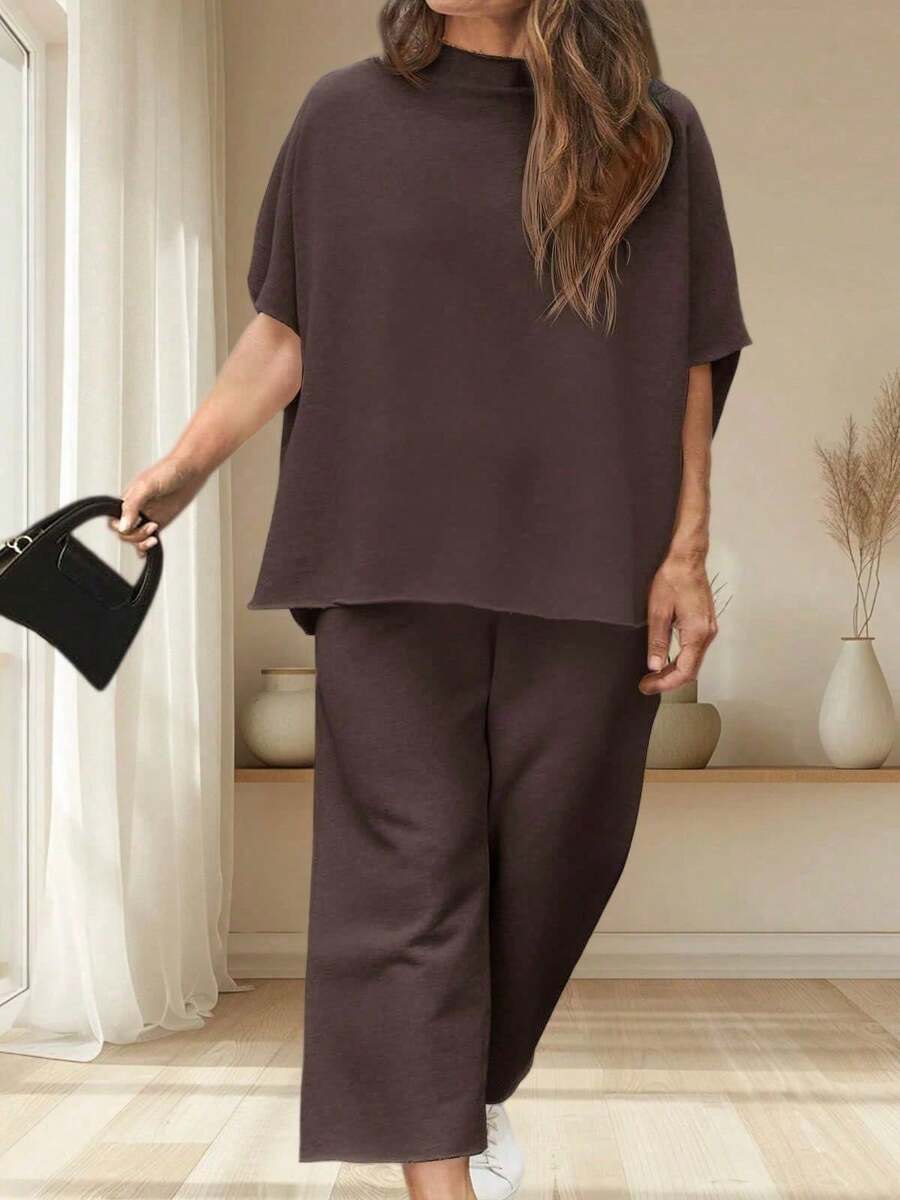 Womens Plus Size Lounge Set 2 Piece Batwing Sleeve Capelet Pullover Top With Wide Leg Pants - Dark Brown - View 1
