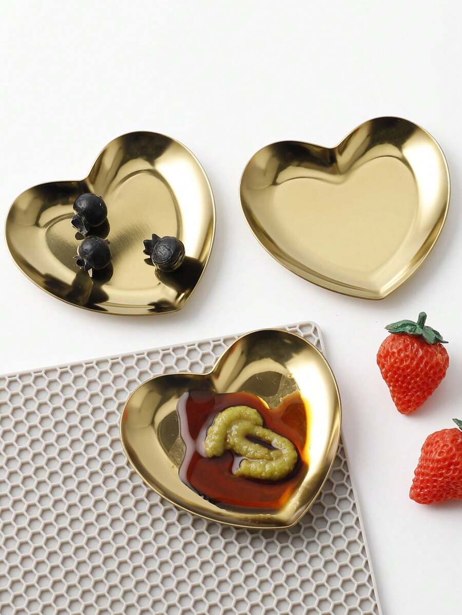 1pc Stainless Steel Thickened Mini Heart-Shaped Dish, Golden, For Kitchen Utensils & Condiments, Used At Home As Snack Plate, Cake Dish, Storage Tray,Kitchen - 彩色 - 查看 1