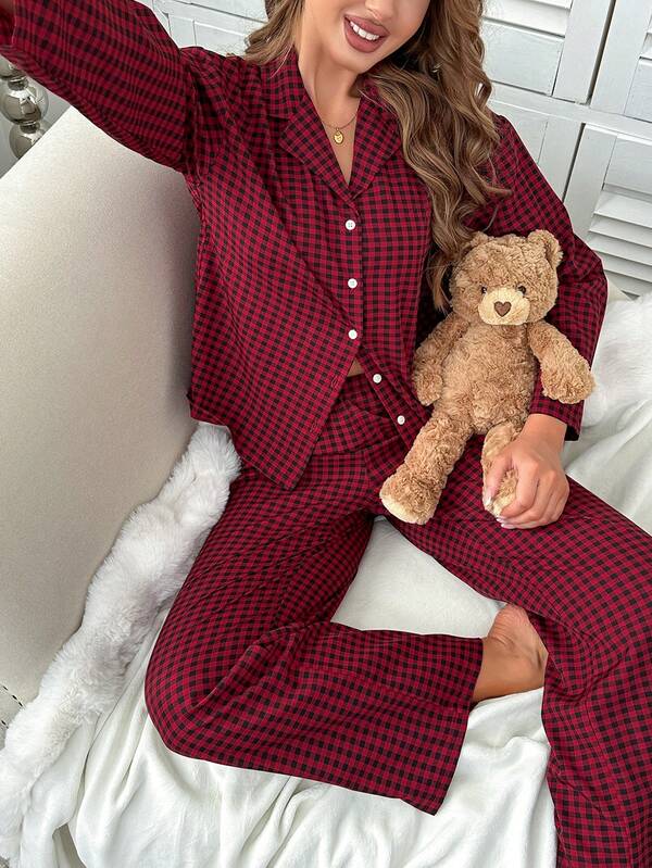 Nina Bonheur 2 pezzi Set pigiama donna con camicia a maniche lunghe con bottoni e pantaloni in vita elastica - Completo carino e confortevole, abbigliamento autunnale