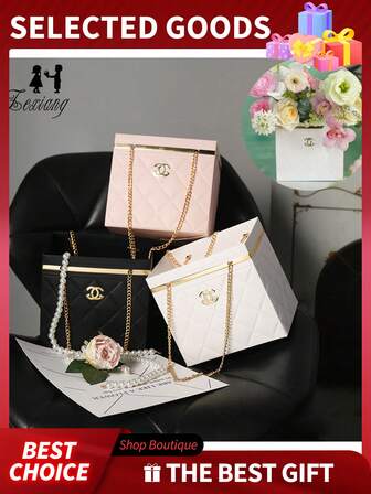 DIY Waterproof Packaging Box Souvenir Gift Box, Flower Box [With Flower Arrangement Card Paper], Bouquet, Flower Storage Bucket, Metal Chain Handbag, Suitable For Daily Packaging In Flower Shops, Flower Art Teaching, And Festival Gift Packaging.