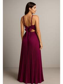 Long Pleated Dress With Straps For Parties And Weddings - 玫瑰紅 - 查看 2