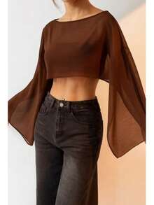 Cropped Cape In Transparent Tulle With Asymmetrical Flare Sleeves - Rust Brown - View 2