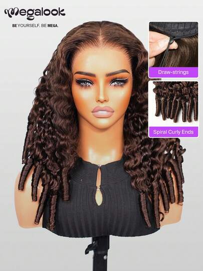 MEGALOOK Dark Brown Upgrade 13x6 Three-Go™ Glueless Wig Water Wave Burmese Curly Wig With Drawstring With Finger Coil Ends - 100% Human Hair Lace Front Wig Ear-To-Ear Pre Cut Lace #4 Color Wig 18-30 Inch - No Glue Needed Beginner Friendly