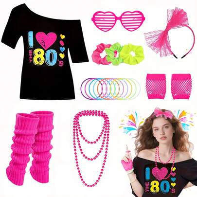 8PCS 80s Costume Accessories Set For Women, 1980s Fancy Dress With T-Shirt Headband Lightning Earrings Headband Fishnet Gloves Leg Warmers Necklace Glasses Mesh Sleeve 80s Outfit For Retro Theme Party Cosplay Dress Up (Without Tutu Skirt)