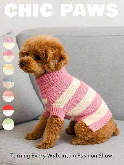 holdhoney Randig stickad husdjurströja, färgglad polotröja med polotröja för små raser, teddy bichon, vinterkläder för katt, mysig julfestdräkt