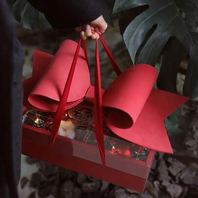 1pc Elegant Foldable Flower Box With Transparent PVC Fold And Bow Tie, New Year Gift Box, Fruit Box And Flower Box, Anniversary Wedding Decor, Wedding Guest Gift, Valentine's Day Gift, Mother's Day Gift