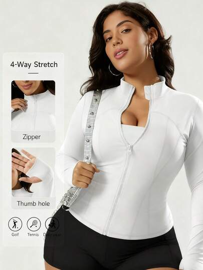 Plus Size Women's High Stretch Yoga Jacket, Long Sleeve Stand Collar Slim Fit Workout Jacket, Zipper Closure, All Season Fitness & Casual Wear, Machine Washable, Fashionable Fabric Design