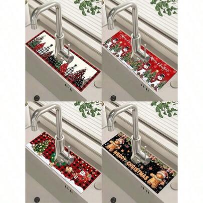 1pc 14*38cm Christmas Kitchen Diatomaceous Earth Mat With Christmas Tree Santa Claus Snowman Gingerbread Man Pattern, Faucet Absorbent Mat, Bathroom Faucet Splash Mat, Moisture Resistant And Non-Slip Faucet Mat, Kitchen Countertop Accessories, Christmas Decorations For Home 2025