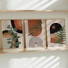 3pcs/Set Abstract Nature Oil Painting Print - Desert And Palm Leaves, Mid-Century Modern Bohemian Decor Suitable For Home Decor, Room Decor, Bedroom Decor, Living Room Decoration, Bathroom Decor, Wall Decor, Optional Wall Art With Frame