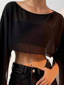 Cropped Cape In Transparent Tulle With Asymmetrical Flare Sleeves - Black - View 3