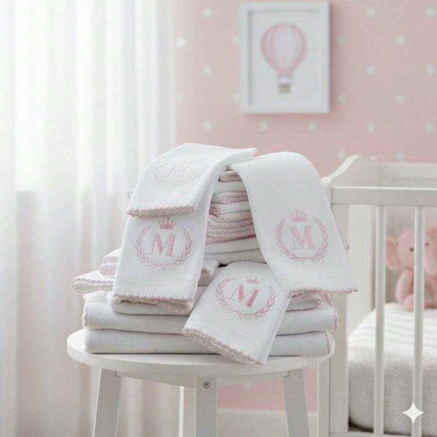 Kit 10 Personalized Embroidered Diapers Baby Initial 5 Shoulder + 5 Mouth 100% Cotton Boy Girl Hypoallergenic Soft - 淺粉色 - 查看 1
