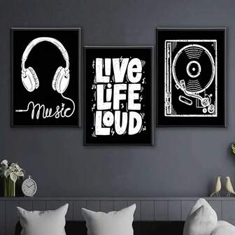 1/3PCS Music-Themed Wall Arts Decor, Headphones, Records, Quotes "Live Life Loud", Modern And Cool Creative Art Design, Printed Canvas Posters, Suitable For Party, Festival, Birthday Wall Decor, Bedroom, Living Room, Bathroom, Game Room Decor(No Frame)