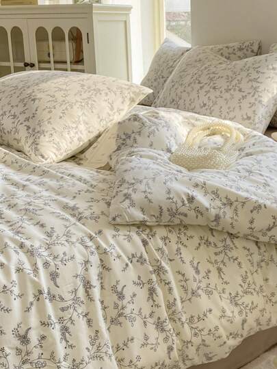 4 件套舒适床上用品套装 - 花卉树枝羽绒被套套装（1 * 羽绒被套 + 1 * 床单 + 2 * 枕套），清新花卉树枝图案，简约灰叶，纯色床单，适合情人节和日常使用，质地柔软，透气的 100% 涤纶面料，四季皆宜，可机洗