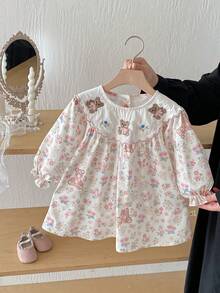 Baby Girl Floral & Bear Print Sweet Long Sleeve Dress, Autumn - Apricot - View 1