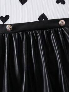 Girls' Heart Print Mid-Length Dress With Faux Leather Skirt, Suitable For Spring & Autumn - White - View 10