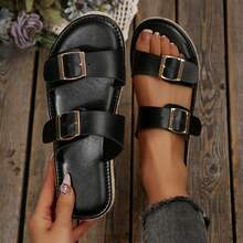 Women Shoes Flats Sandals Dressy Comfortable Flats Slides Buckle Summer Beach Sandals Outdoor Walking Travel - 黑色 - 查看 1