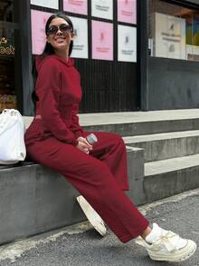 2件套纯色连帽鱼骨抽绳卫衣 春季优雅 - 酒紅色 - 查看 2