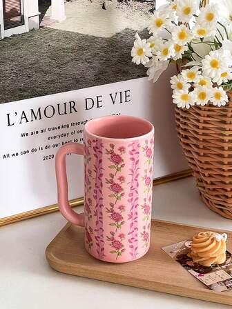 1 pieza Taza Jiu Fu con diseño floral de rosa, taza cerámica recta alta, adecuada para el hogar u oficina, ideal para diversos tipos de bebidas frías y calientes, leche, café, chocolate caliente, jugo, latte, perfecta como regalo para familiares o amigos durante festividades