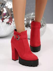 Herbst- und Winterstiefel mit dickem Absatz, wasserdichter Plateau-Rundkappe, seitlichem Reißverschluss, einfarbig, rutschfest und kältebeständig, kurzer Schaft mit Schnallenverschluss, vielseitig einsetzbare Damenstiefel mit hohem Absatz - Rot - Übersicht 4