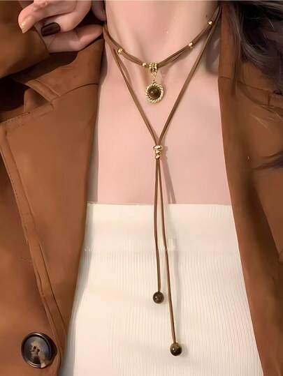 1 pieza Collar de doble capa de piedra de ojo de tigre para mujer, elegante cadena de suéter de lujo, diseño único, otoño/invierno