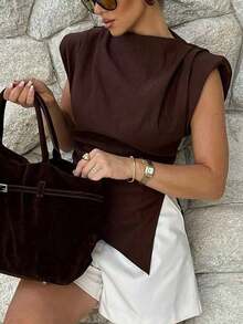 Women's Elegant Solid Color Padded Shoulder Sleeveless Vest, Office Lady Casual Ruffle Asymmetric Zipper Fitted T-Shirt