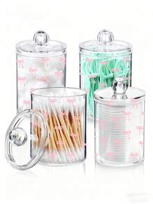 Bow-Knot Pattern Cotton Swab Storage Box, Cotton Swab Storage Rack, Cotton Swab & Dental Floss Storage Jar, Transparent Acrylic Makeup Cotton Pad Box, Makeup Brush Storage Box, Cosmetic Storage Box, Suitable For Home, Office, Desk, Cleaning Ball Storage Box, Bathroom Storage Jar, Transparent Jar, Suitable For Cotton Swabs, Balls, Pads, Dental Floss - Multicolor - View 3