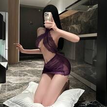 2-Piece Sexy Lingerie Set For Women Party Club Dress, Lace Bodycon Halter Neck Secretary Roleplay Nightgown - Violet Purple - View 7