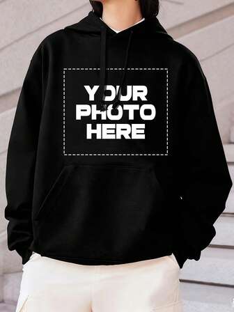 Customized Photo & Text Plus Size Women Fleece Hoodie Sweatshirt, Personalize With Lucky Numbers & Blessings For Yourself/Couples/Family/Pets/Friends, Suitable For Halloween, Christmas, Back To School, Autumn/Winter Outfits, Holiday Gifts, Birthday Gifts, Party Wear, Winter Plus Size Women Fleece Hoodies