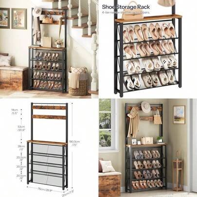 Hall Tree With Bench Narrow Shoe Rack With Coat Rack Coat Rack With Shoe Storage 5 Tier Slanted Shoe Storage Organizer Coat And Shoe Rack Entryway Slim Hall Tree Rustic Brown BF20MT01