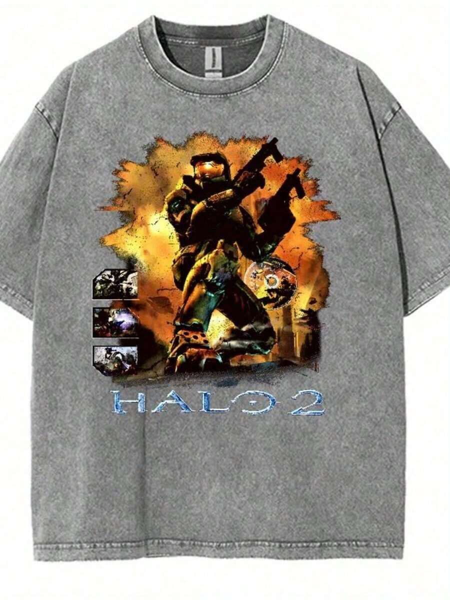 Washed Halo 2 T-Shirt Oversized Unisex Acid Wash Lightweight Cotton T-Shirt, Game Enthusiast, Fabric Mens Top Collar Streetwear Cropped T-Shirt Edgy Street Style Fashion, Perfect For Daily & Party Outfits - 灰色 - 查看 1