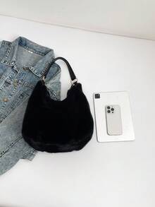 女士毛绒腋下包，大容量单肩包，百搭休闲通勤包，新月造型，适合日常佩戴