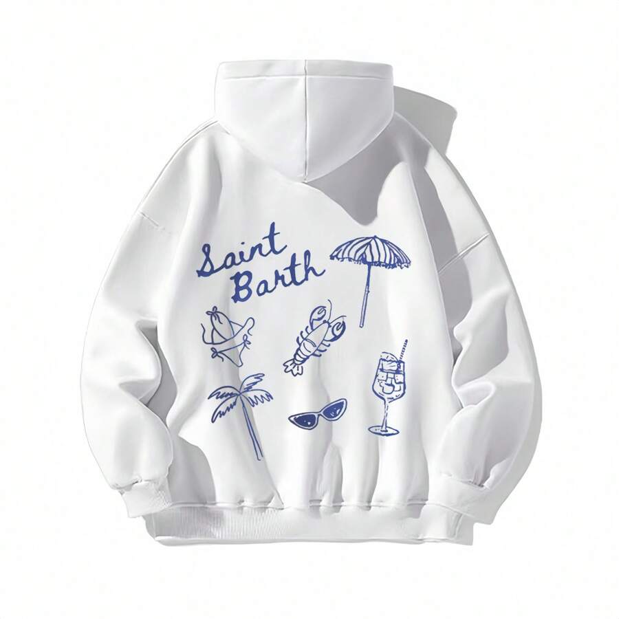 1pc Womens Saint Barth Beach  Themed Graphic Hoodie Regular Fit Drawstring Hooded Sweatshirt  Midweight Slightly Stretchy  Comfortable Fleece  Lined Casual Style For Spring  Summer Everyday Wear  Lounging - 白色 - 查看 1
