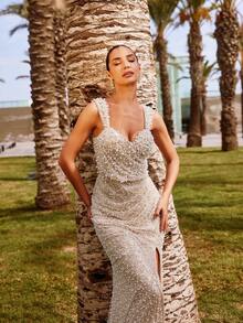 Faeriesty فستان سهرة فاخر مطرز بالخرز بتصميم ذيل حورية البحر مع ياقة قلب وشق جانبي - تفاصيل من اللؤلؤ الاصطناعي وإغلاق سحاب خلفي للزفاف وحفلات السجادة الحمراء والسهرات الفاخرة والعشاء الفاخر، ملابس رأس السنة الجديدة - لون شمبانيي - مشاهدة 6