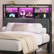 HEXCELEN Headboard With 3-Tier Storage Shelves, Velvet Upholstered Head Board With 2 Outlets, USB Ports & LED Light, Soft Backrest For King/Queen Size Bed - 查看 2